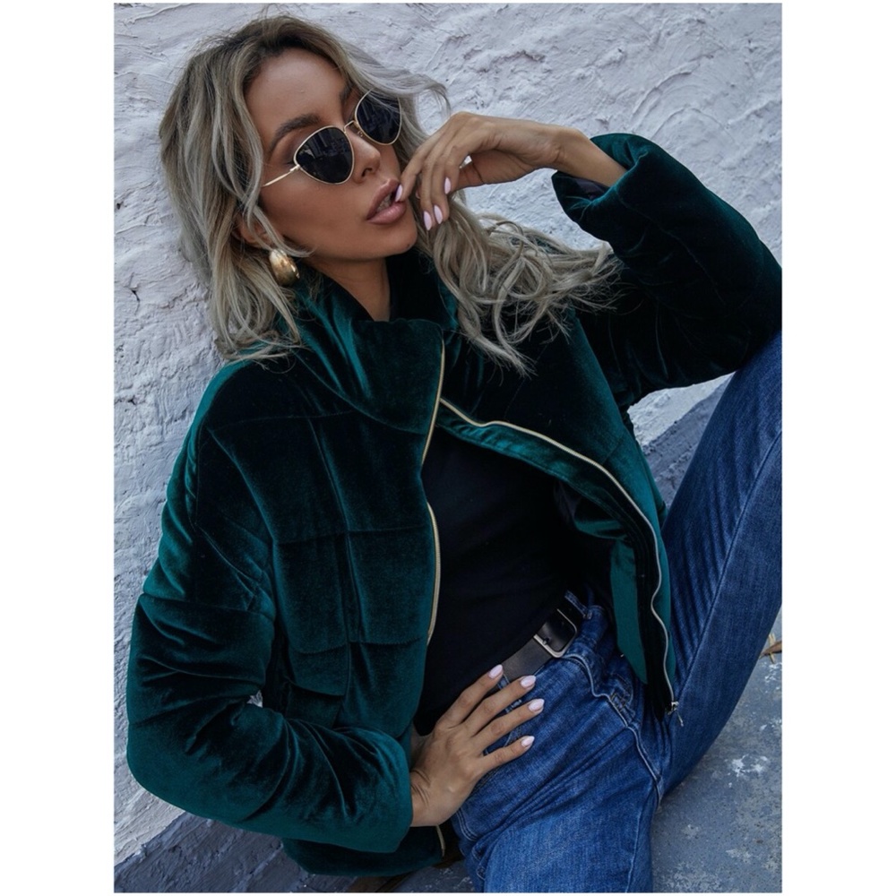 emerald green zipper velvet puffy bomber jacket